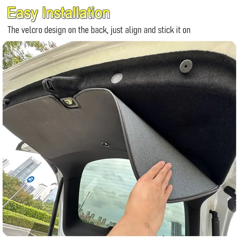 Tesla Model Y trunk mat, rear trunk tailgate protective pad with velcro backing, black top and gray underside