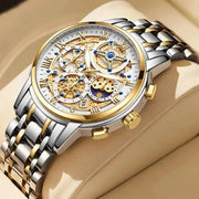 LIGE men's two-tone stainless steel wristwatch with gold bezel, skeleton dial, chronograph subdials, and blue accents.
