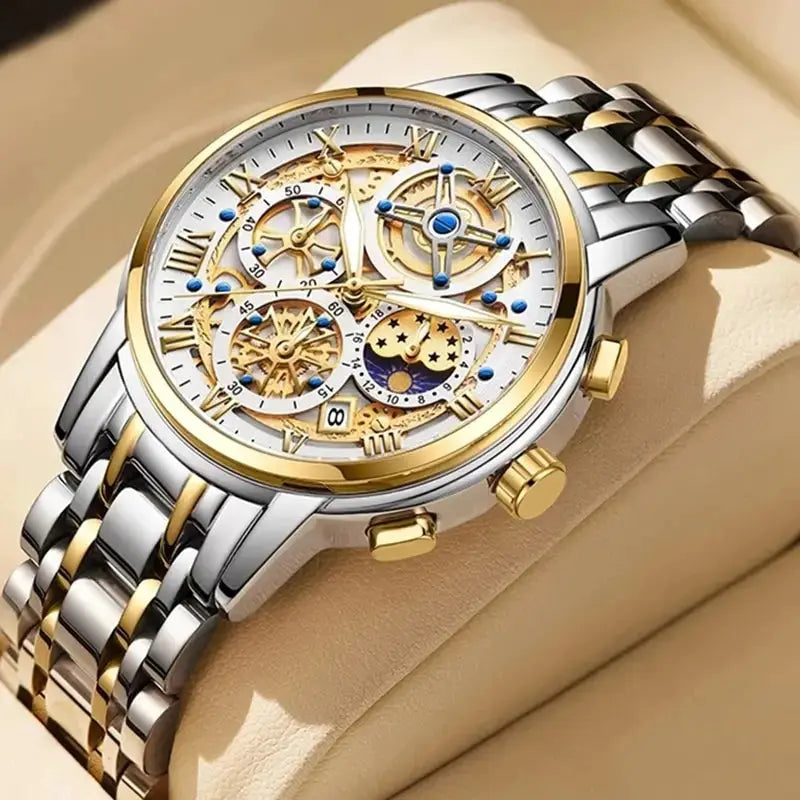 LIGE men's two-tone stainless steel wristwatch with gold bezel, skeleton dial, chronograph subdials, and blue accents.