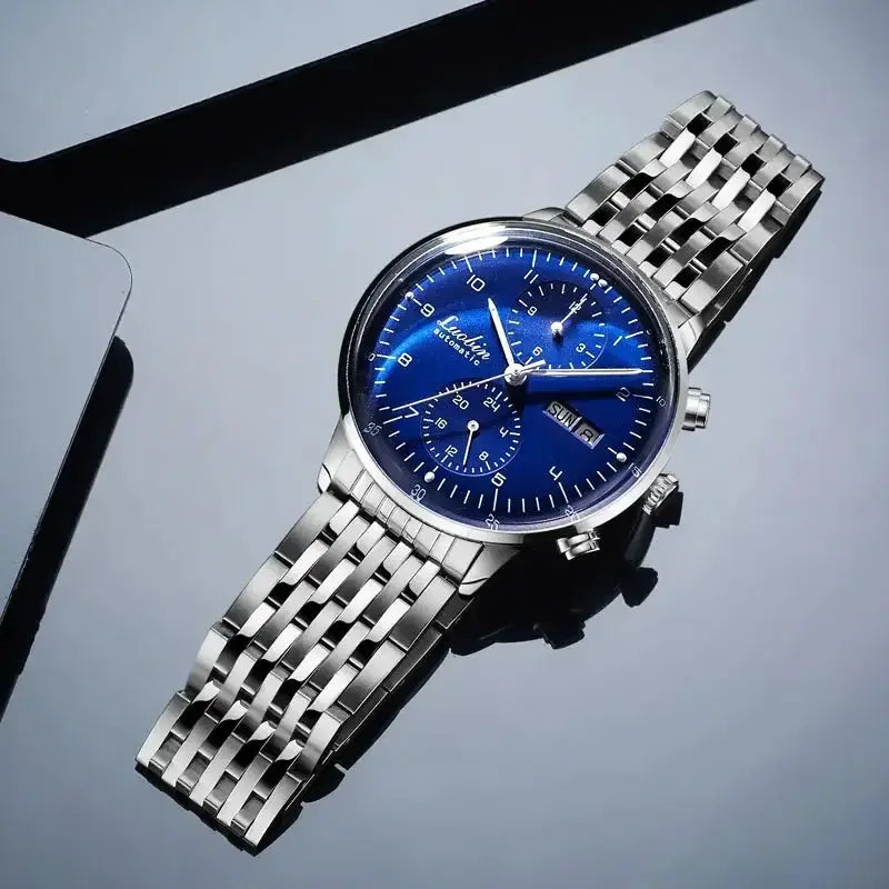 Men's stainless steel mechanical wristwatch with blue dial and day-date window