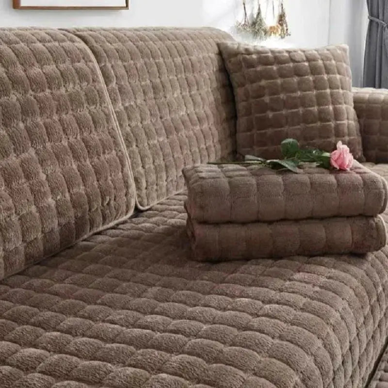 Velvet sofa cover by Simples Market; brown plaid plush quilted, universal fit, non-slip thickened warm flannel protector