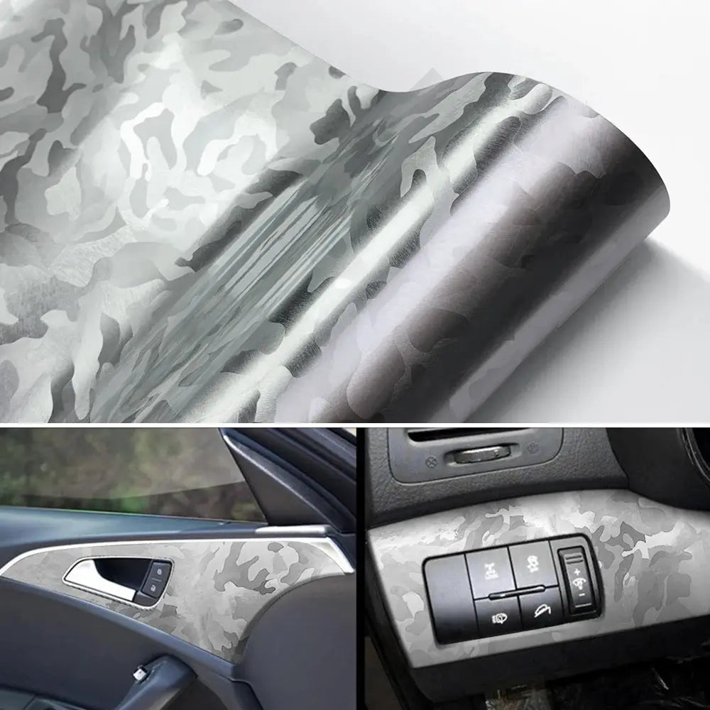 Carbon fiber film wrap, glossy gray camo finish; self-adhesive vinyl for car interior and exterior accents