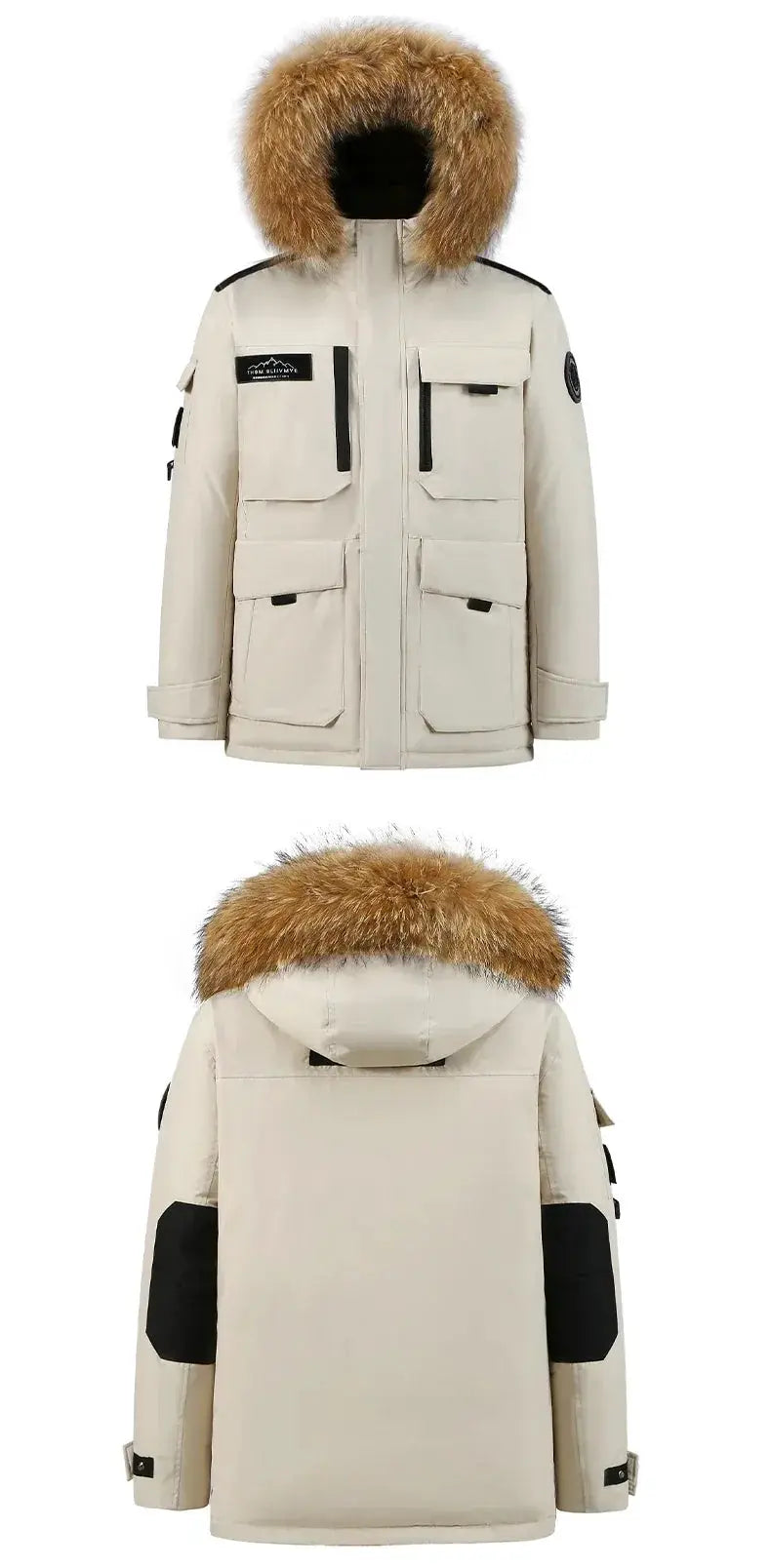 Simples Market men's hooded parka with fur collar, beige waterproof duck-down coat with multiple pockets.