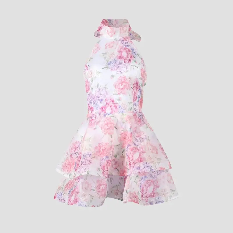 Floral Printed Backless Mini Dress Sleeveless A Line Party Clubwear