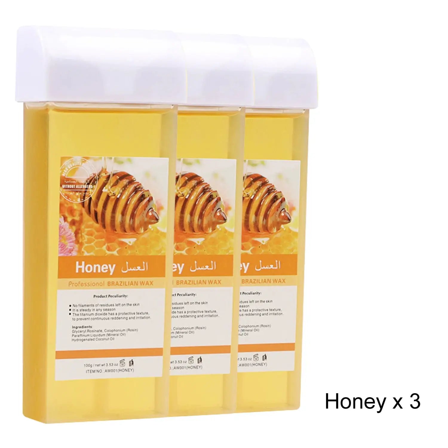Roll-on wax refill cartridges, honey flavor, 3-pack, yellow bottles with white caps