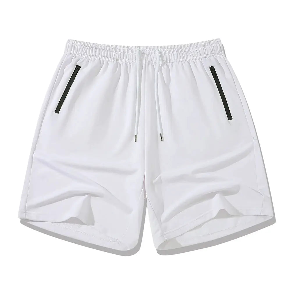 Men's white workout shorts with drawstring, elastic waistband, and zip pockets