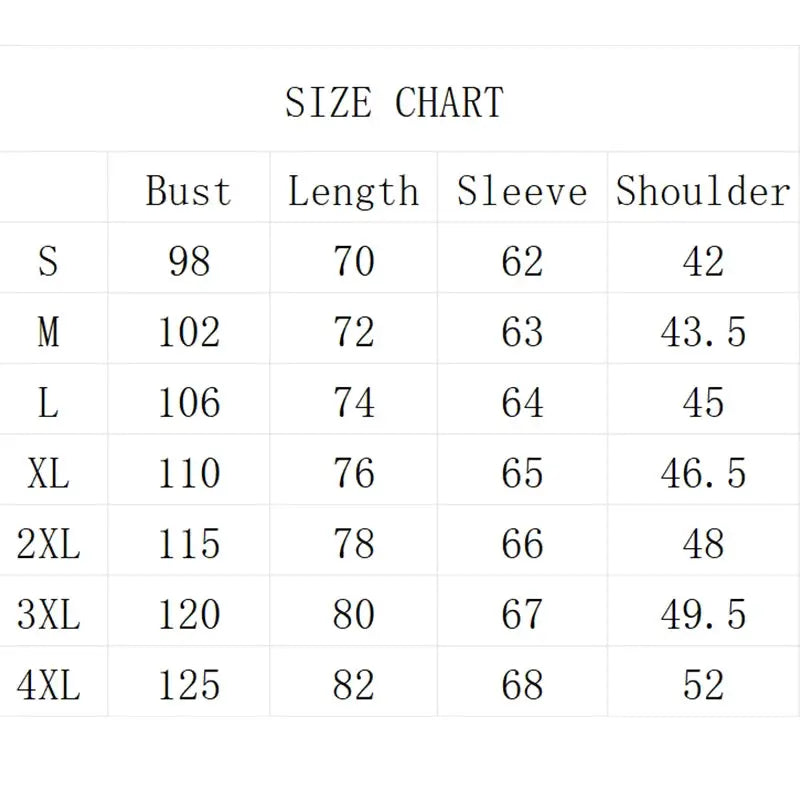 Men's Casual Fashion Solid Color Long Sleeved Shirt size chart with bust, length, sleeve and shoulder sizes (S–4XL)