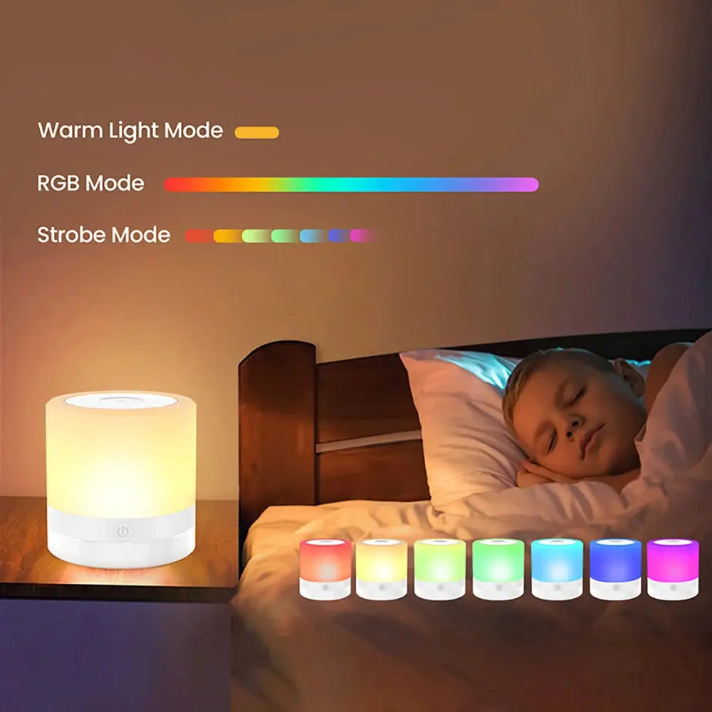 RGB night lamp with remote touch control; color-changing bedside lamp beside a sleeping child.