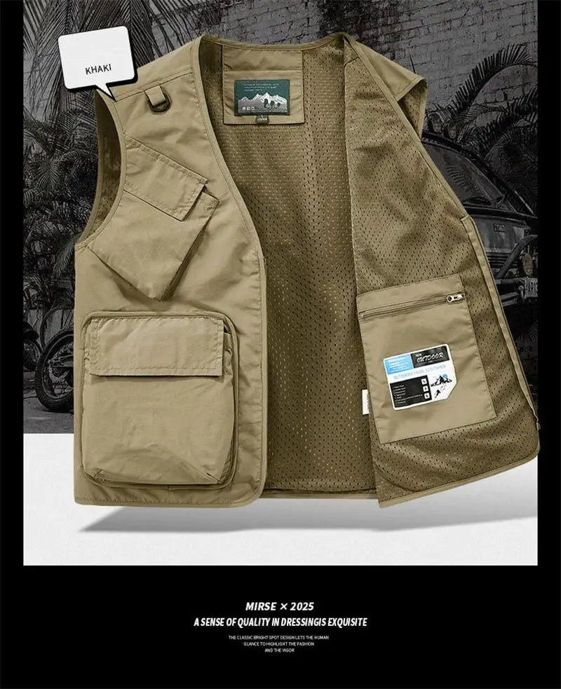 Men's khaki vest with multiple pockets by Simples Market; sleeveless outdoor waistcoat with mesh lining.