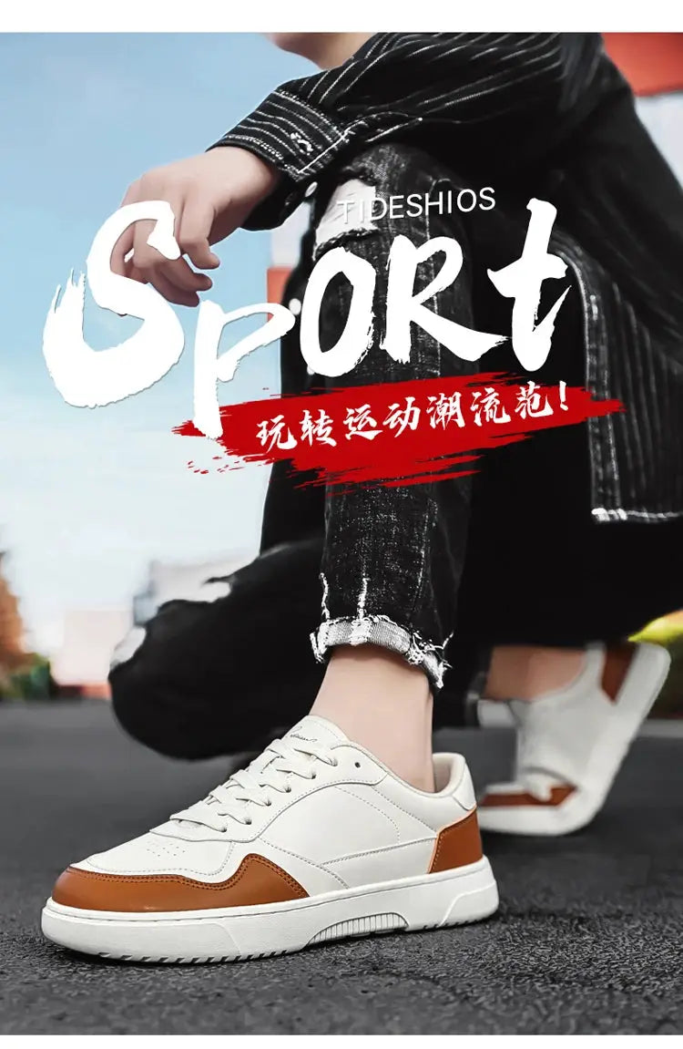 Men's casual sneakers Simples Market; white leather running shoes with brown accents, two sneakers shown