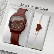 2-piece women's watch and heart bracelet set; brown silicone strap IRLANDY square quartz watch with gold heart bracelet