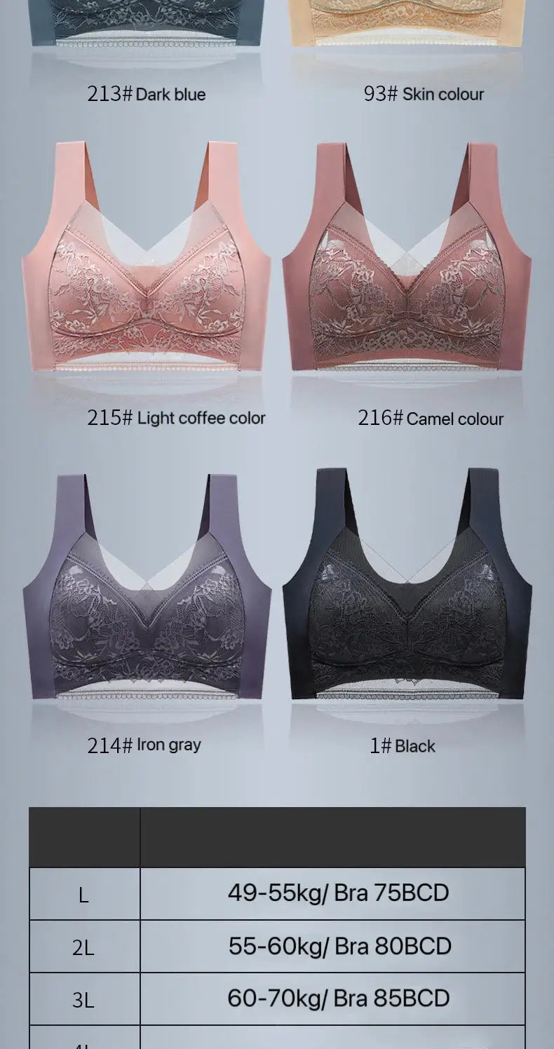 Simples Market lace plus-size padded bra with ice silk seamless comfort; available in six color options.