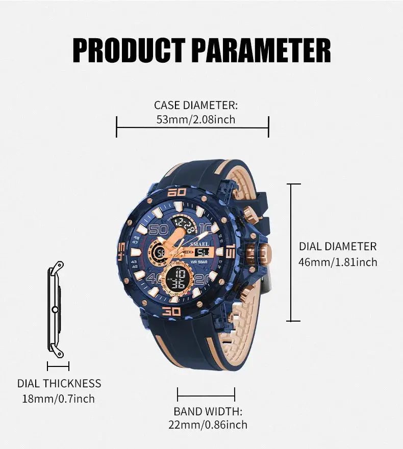 Military-style SMAEL men's watch with blue case and strap, gold-tone accents, digital-analog dial, 50m water resistant