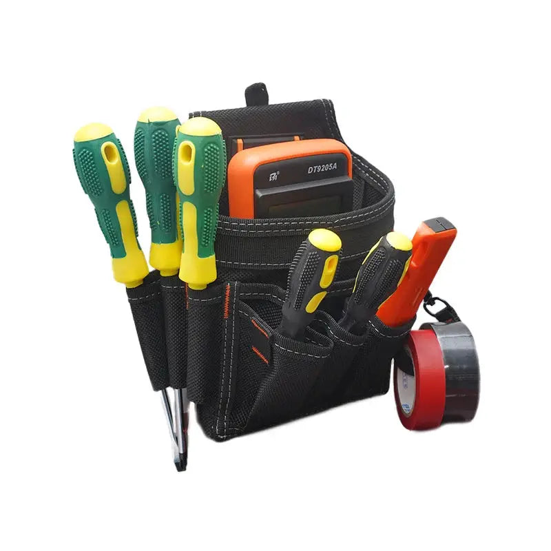 TOOLSTACK Electrician Pouch, black wear-resistant tool bag with green-yellow screwdrivers and tape roll
