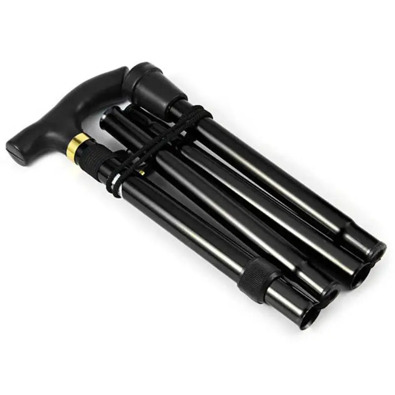 Telescopic folding trekking poles, three black aluminum alloy hiking canes with pistol grips.
