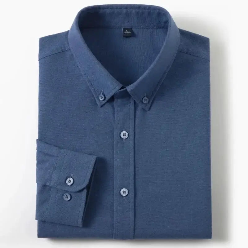 Men's slim-fit oxford cotton shirt, navy blue, long sleeves, button-down collar, Simples Market