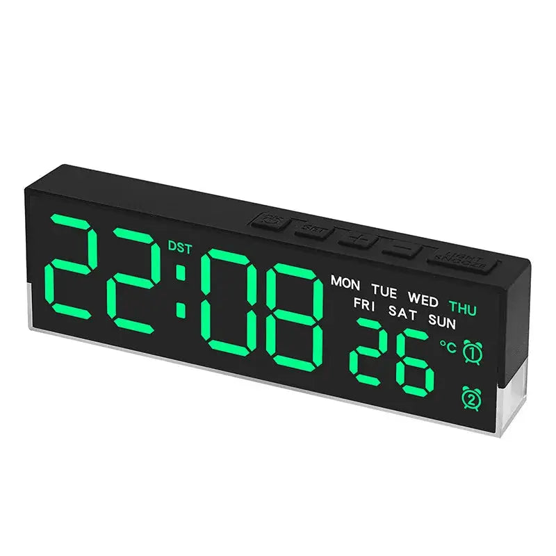 USB powered digital alarm clock with green LED display showing time 22:08, weekday names, DST and 26°C