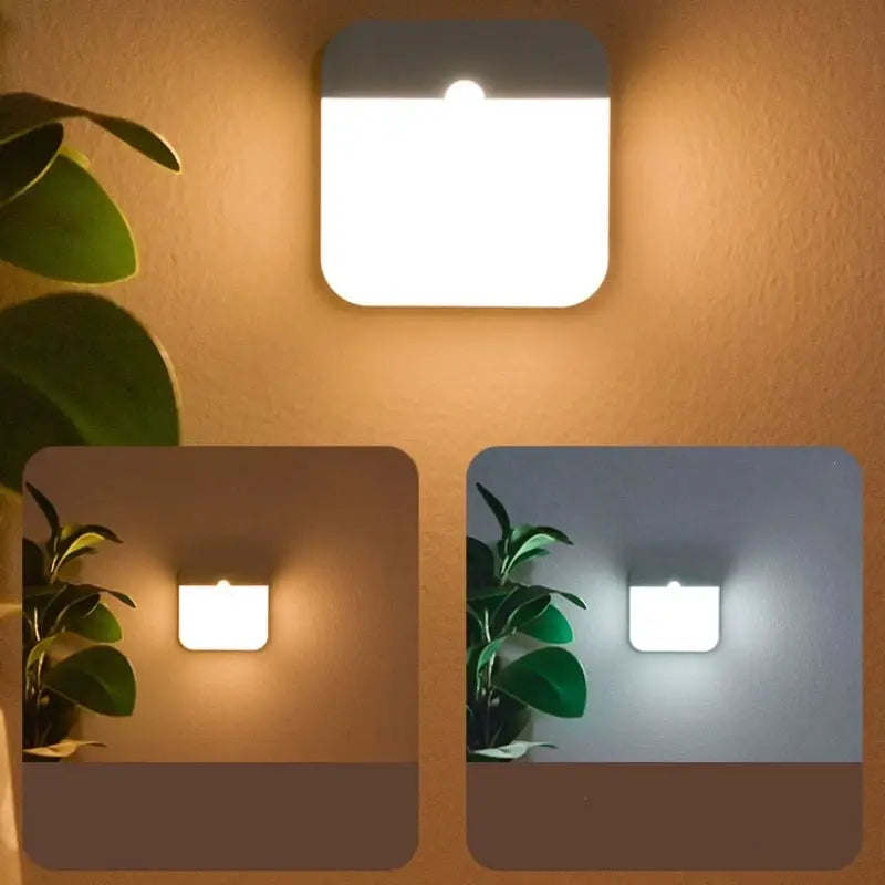 Motion Sensor LED Square Wall Lamp by Simples Market, USB rechargeable, warm and cool light (three views)