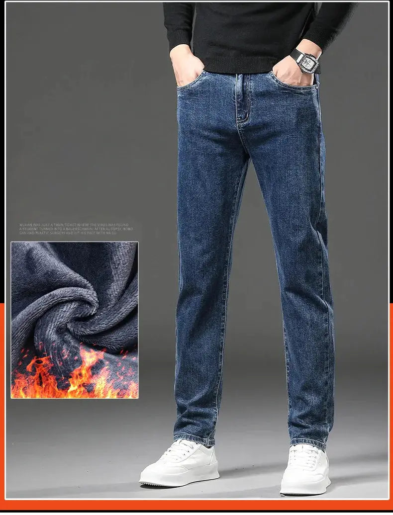 Winter fleece-lined denim jeans for men by Simples Market, slim straight fit, blue denim with plush lining
