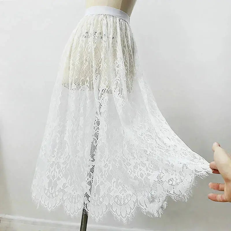Simples Market white lace long skirt with sheer overlay and elastic high waist