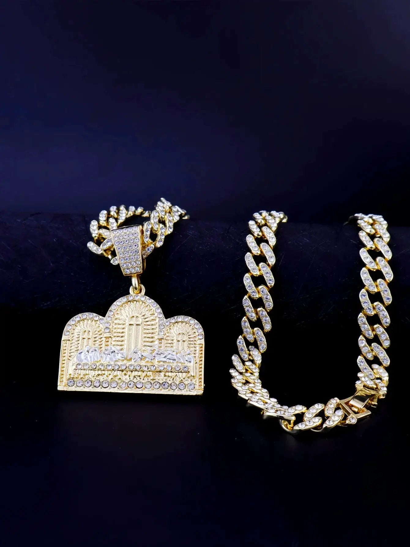 14K Gold tone Last Supper Round Medallion Necklace With Cuban Chain And Figaro Cross Charm For Hip Hop Punk Style