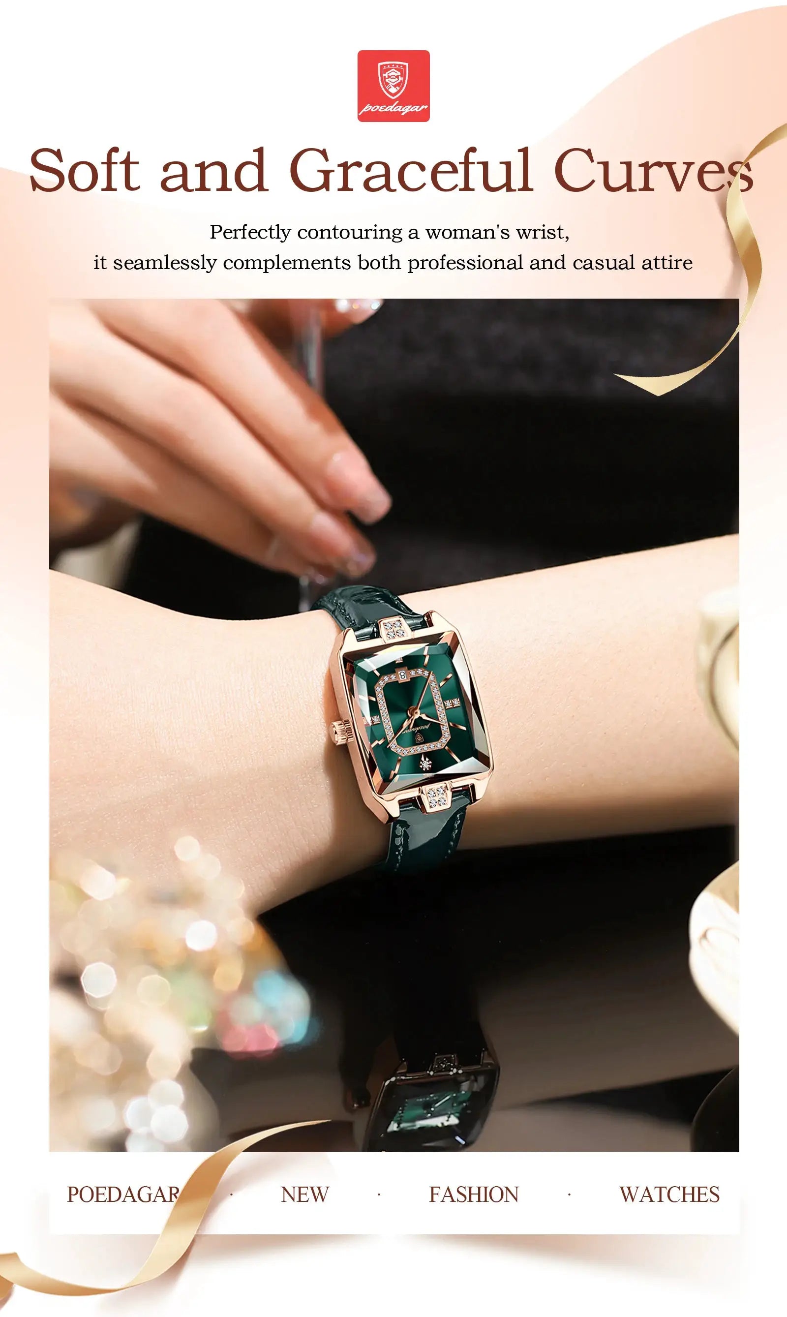 POEDAGAR luxury women's wristwatch with emerald-green dial, rose-gold case and green leather strap