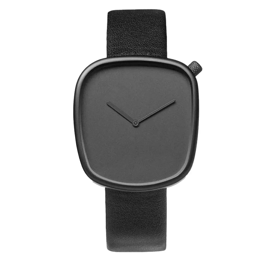 TOMI Watch minimalist square with black leather strap and dark grey dial