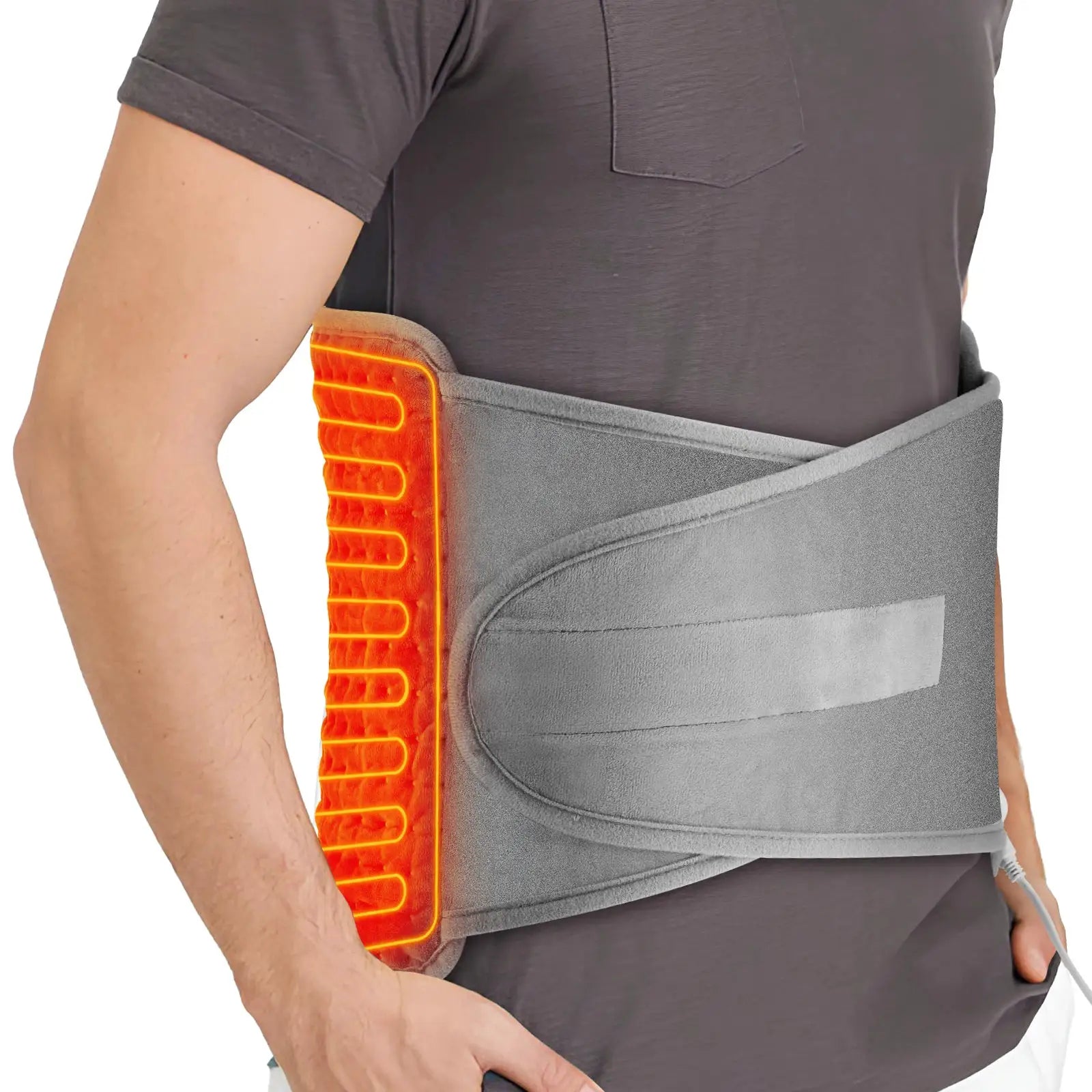 Back heating support belt by Simples Market; gray electric waist brace with orange heated panel.
