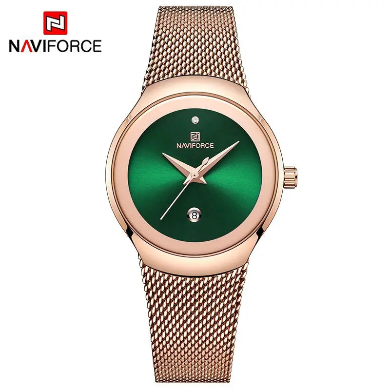 NAVIFORCE women's quartz watch with rose-gold stainless steel mesh band and green dial, date window