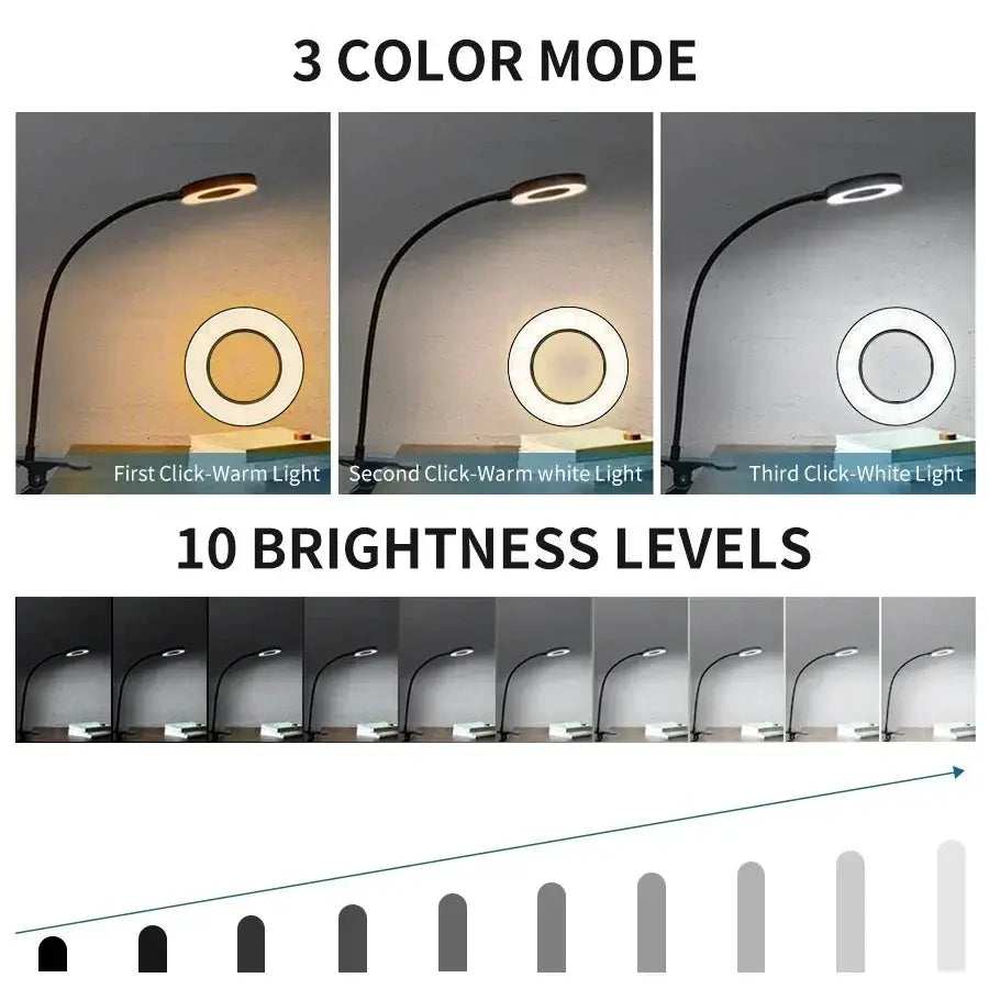 LED desk clip study lamp by Simples Market, black, USB-powered with 3 color modes and 10 brightness levels.