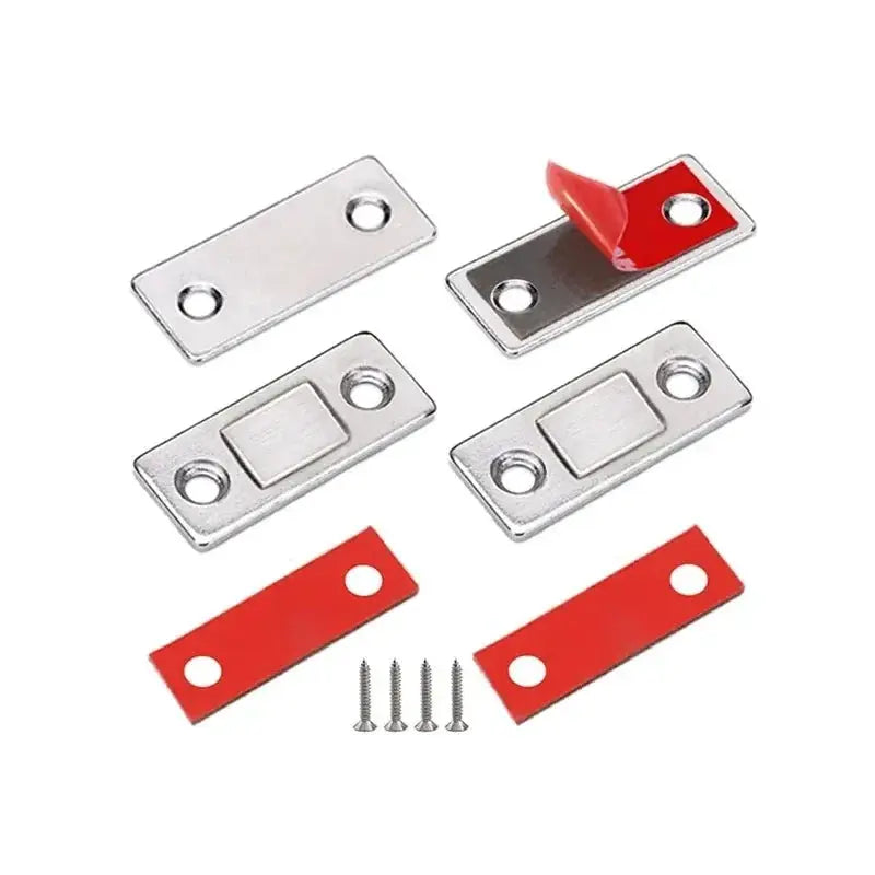 Magnetic cabinet catches kit by Simples Market with 4 silver metal plates, 2 red mounting plates, and screws