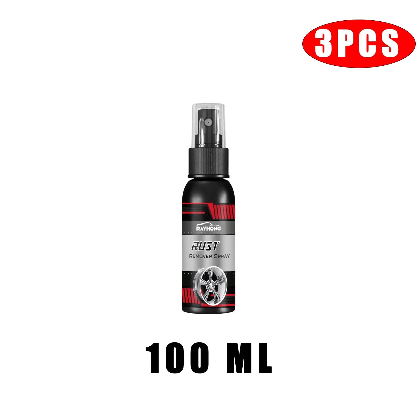 Rust remover spray for car wheels by Simples Market, 100 ml bottle, black with red accents, 3-piece set