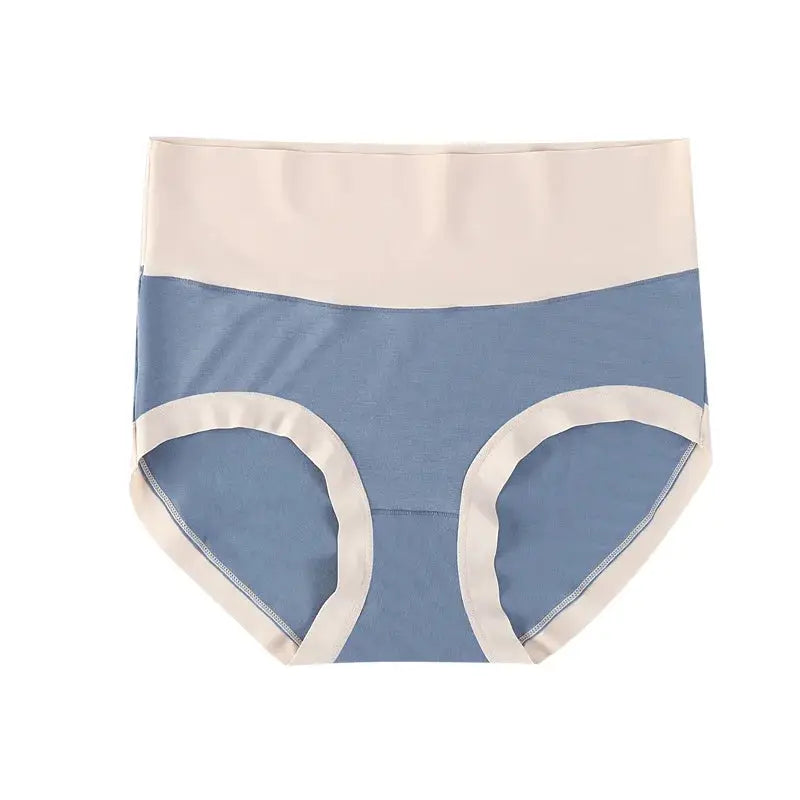 Women's high-waisted panties by Simples Market in blue modal with beige waistband and leg trim