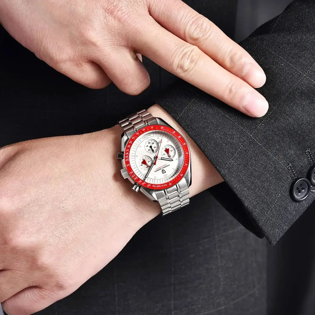 PAGANI DESIGN AK Project Mars men's watch with white dial, red bezel, stainless steel bracelet, chronograph.