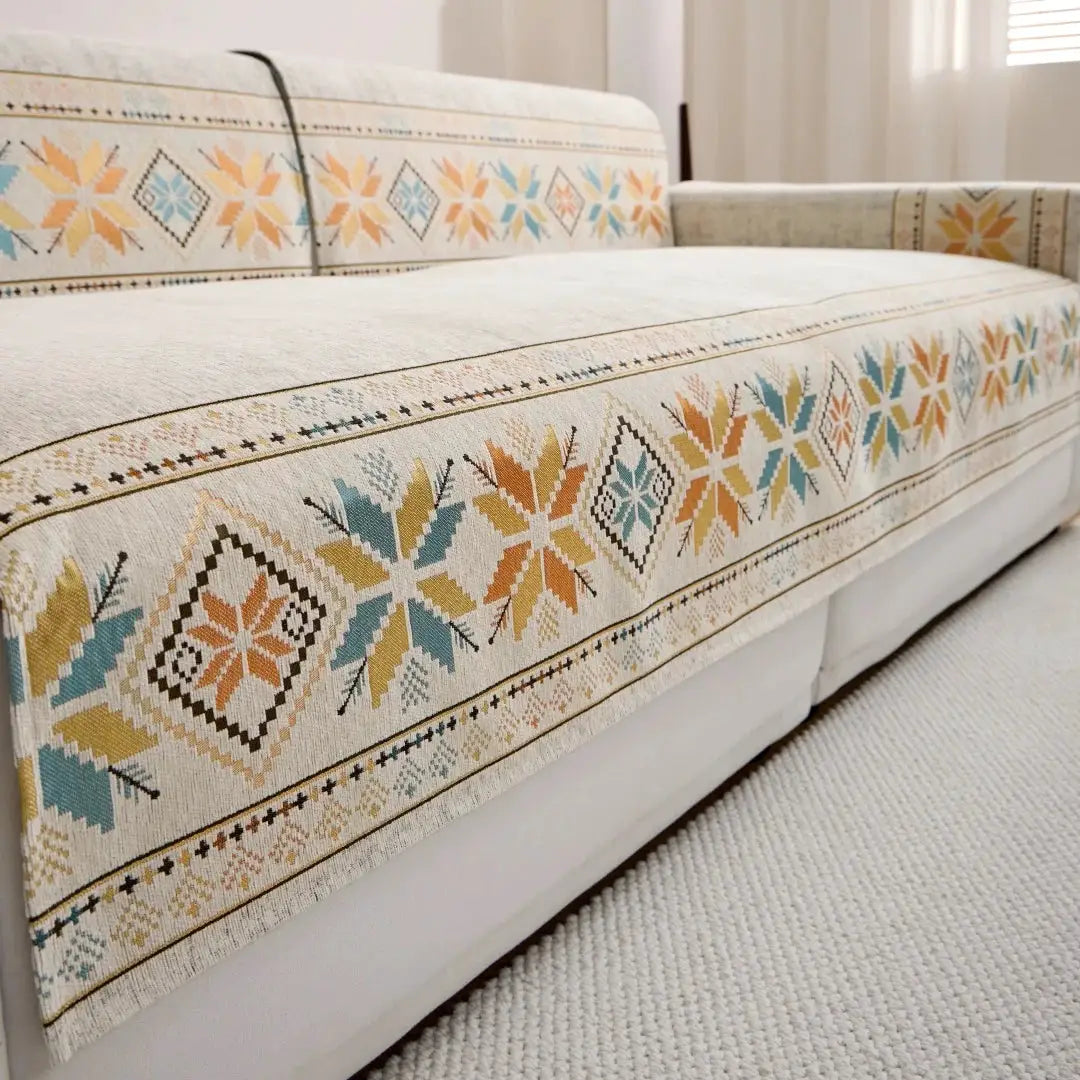 1pc Bohemian jacquard chenille sofa towel cover in cream with multicolor geometric trim