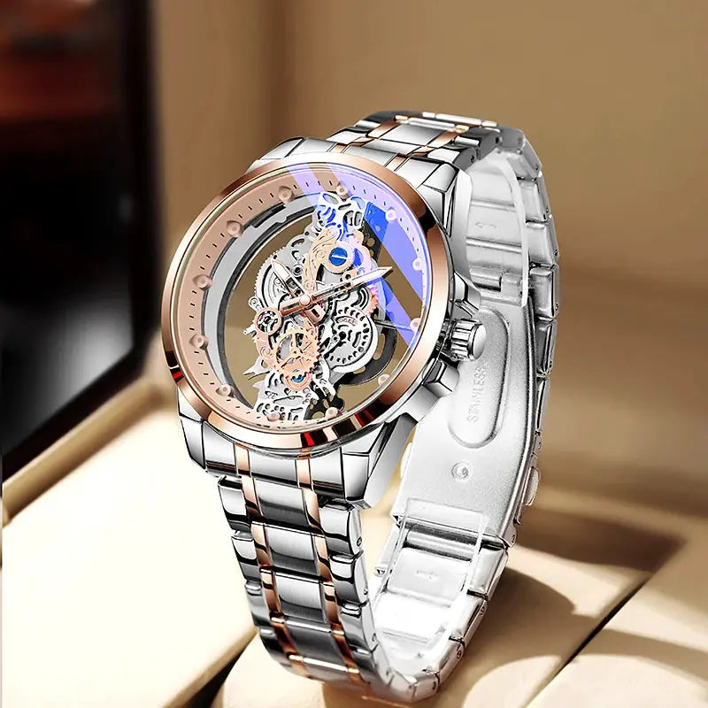 Men's skeleton automatic watch by Simples Market, two-tone stainless steel with rose-gold bezel and visible gears