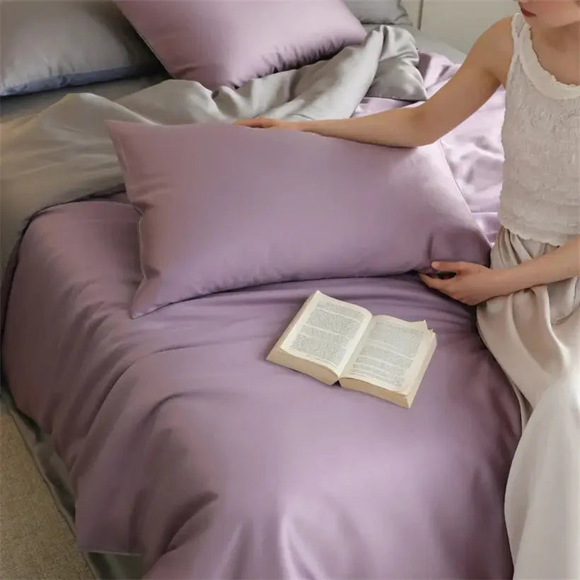 Mulberry silk bedding set by Simples Market in lavender purple; duvet cover, sheet and pillowcase in 100% silk.