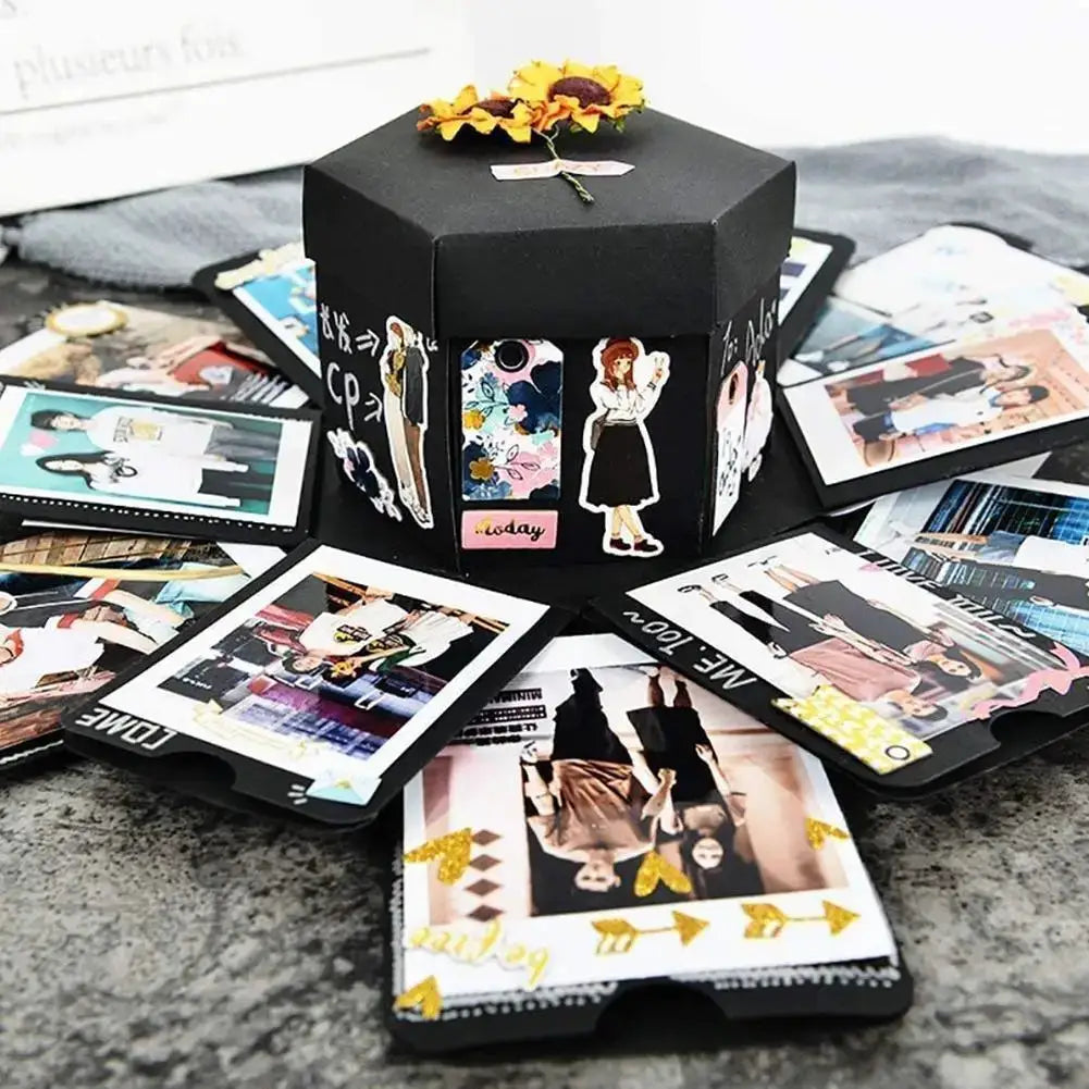 DIY Explosion Photo Album Gift Box by Simples Market, black hexagonal lid with sunflower accents
