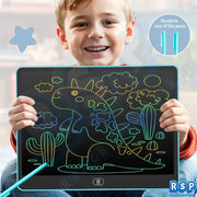 Simples Market 13/16-inch LCD drawing tablet for kids, blue frame with neon dinosaur doodle on black screen.