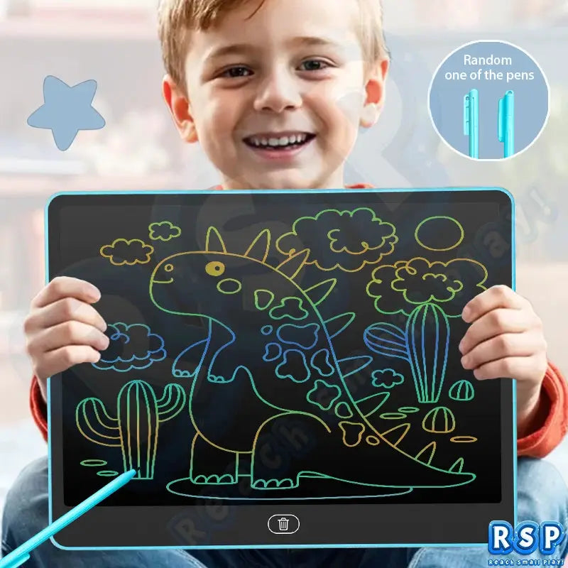Simples Market 13/16-inch LCD drawing tablet for kids, blue frame with neon dinosaur doodle on black screen.