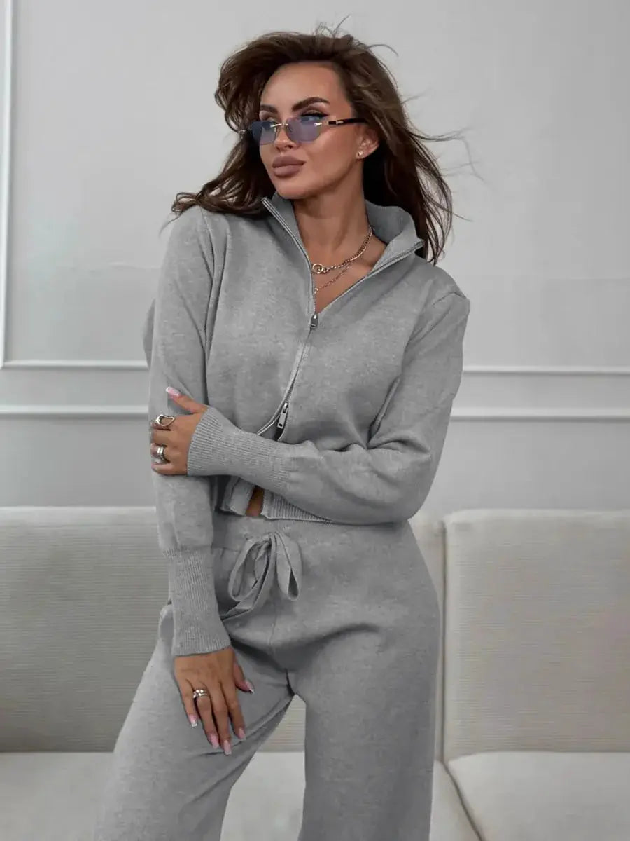 Bornladies Knit Zip Up Cropped Cardigan With Wide Leg Pants Set Women
