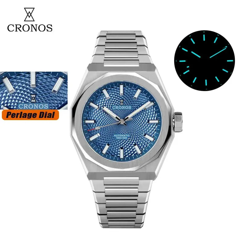 Cronos New Rhombus Perlage 39mm automatic wristwatch with blue Perlage dial and see-through caseback stainless bracelet