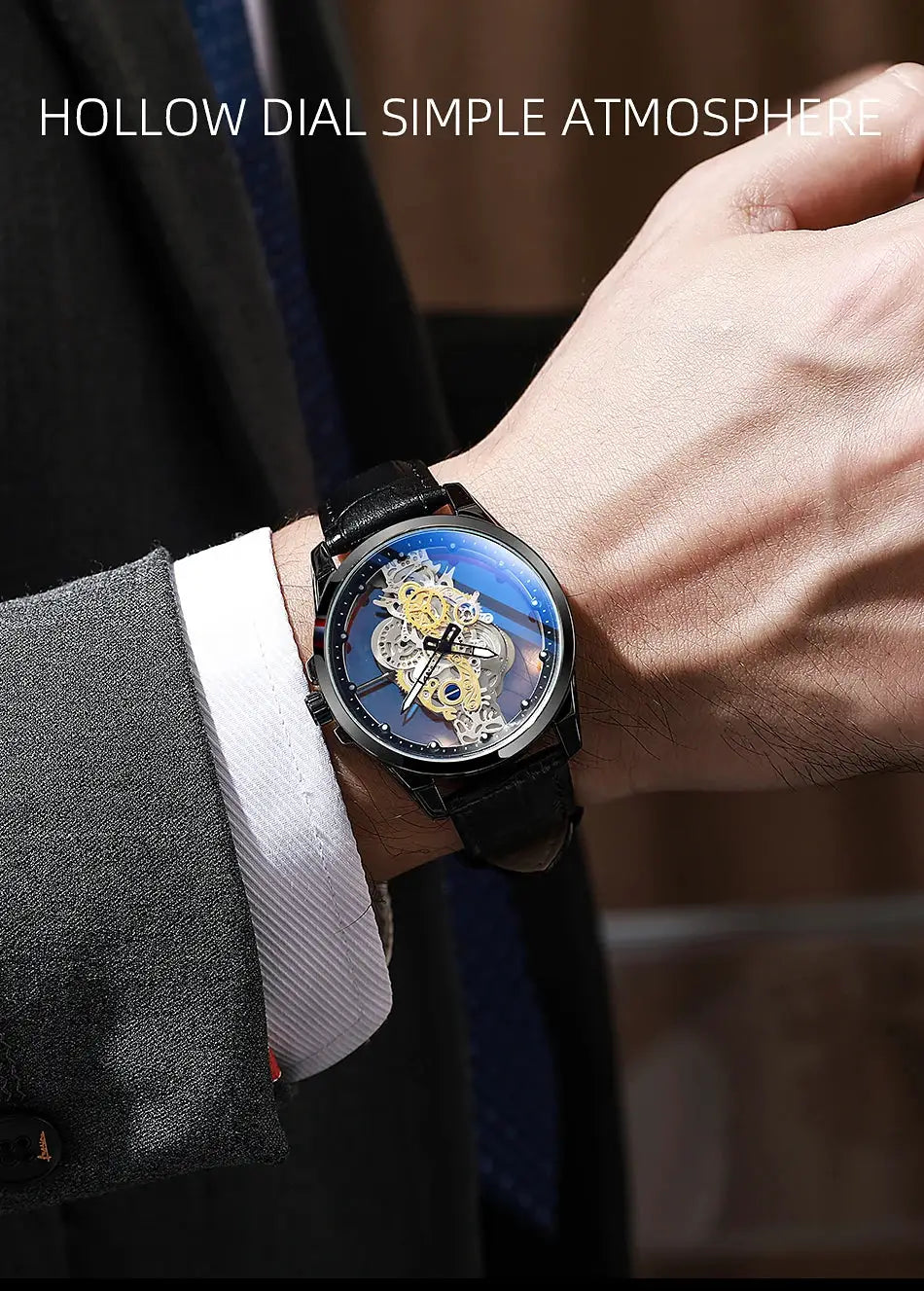 Simples Market TPW men's golden skeleton automatic wristwatch with black leather strap