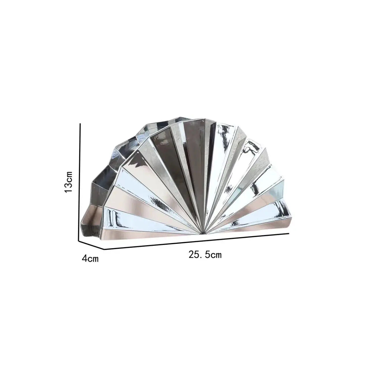 Fan-shaped silver mirrored acrylic box clutch for evening wear; hand-held purse