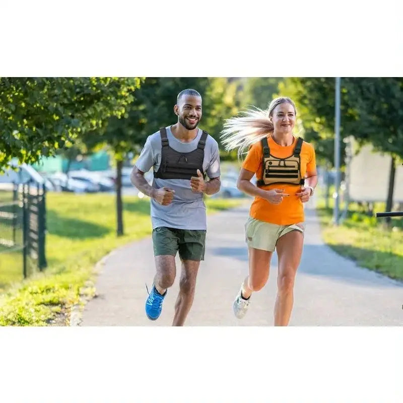 Black tactical outdoor chest bags; unisex running chest packs worn by a man and a woman (2)