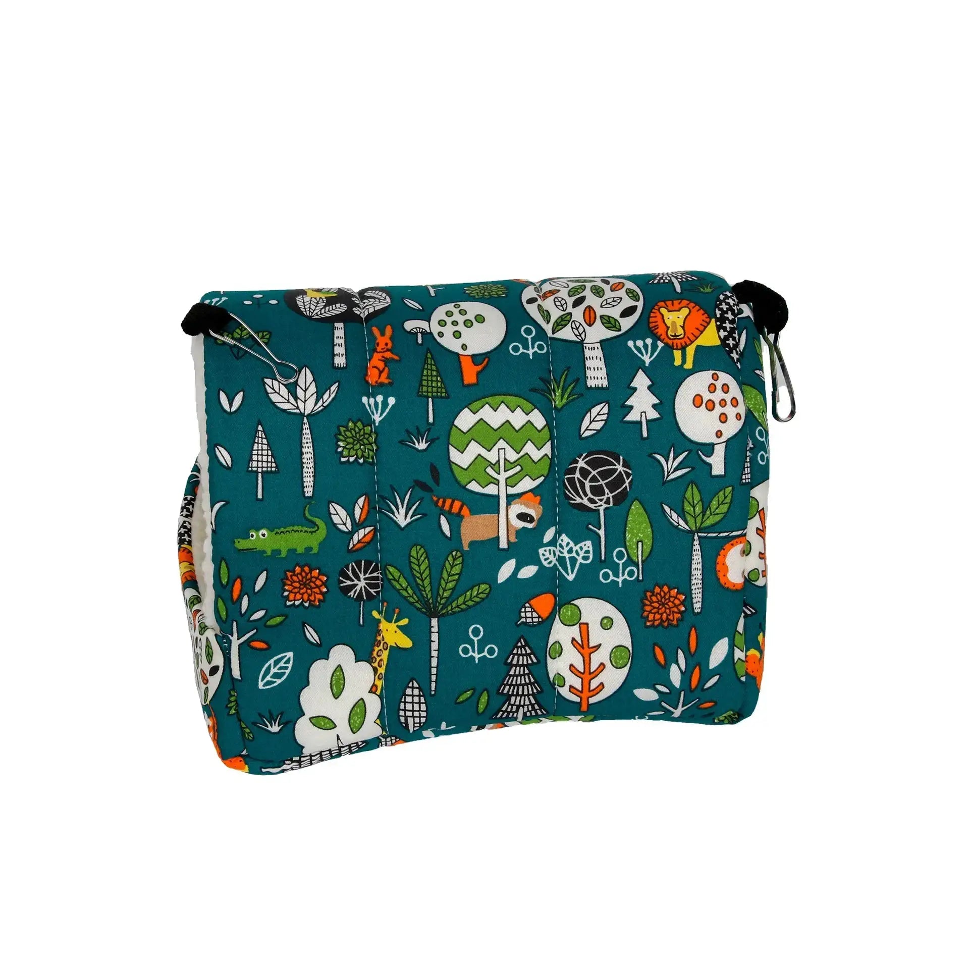 Small animal hanging bed in teal fabric with colorful forest animal print and metal clips