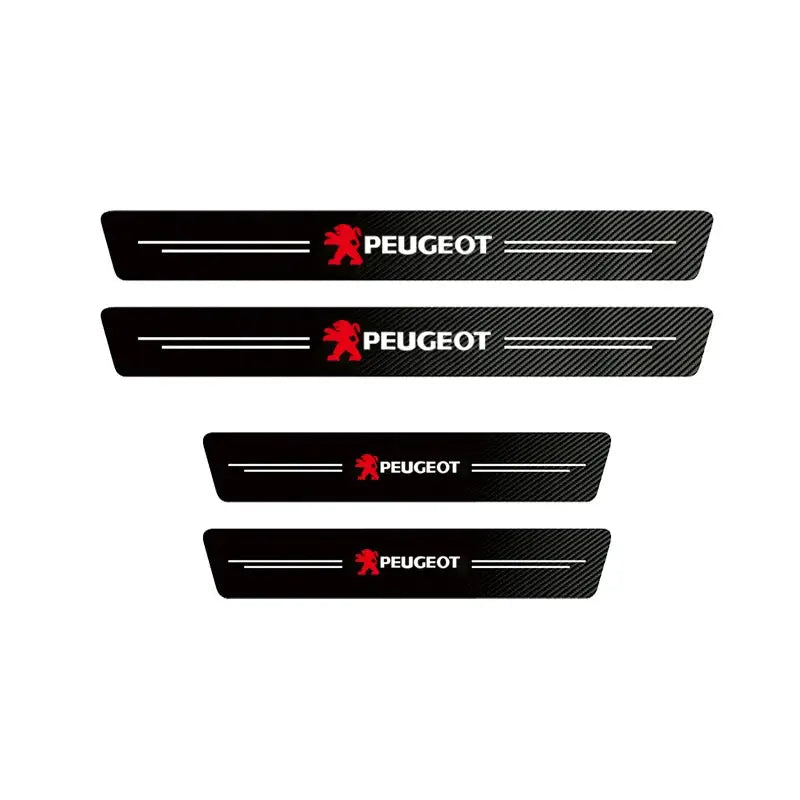 Peugeot car door sill protectors set, carbon-fiber look, black with white accents, 4-piece