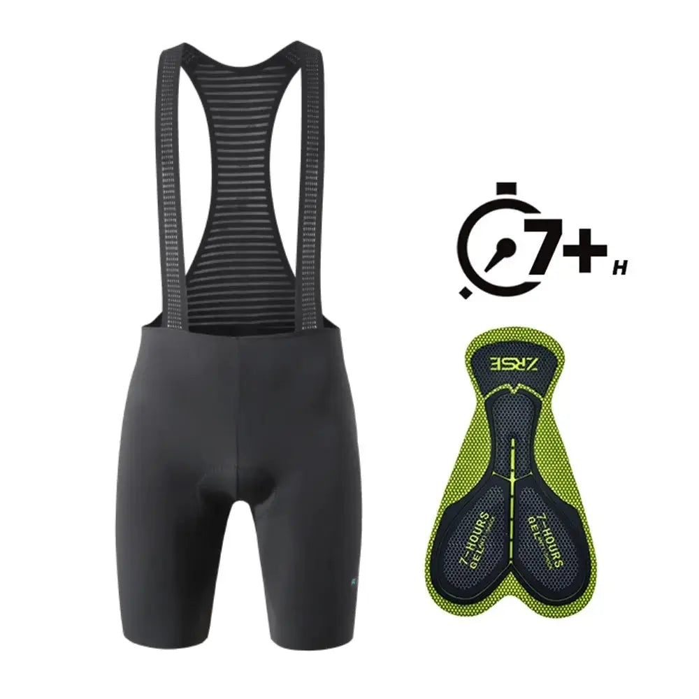 Men's cycling bib shorts with black suspenders; seamless, padded, breathable; 2-piece set with neon saddle pad