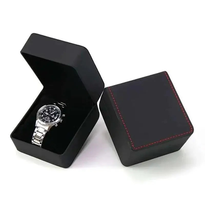 LuxGuard Black PU Leather Clamshell Watch Gift Box With Pillow For Men Display Case