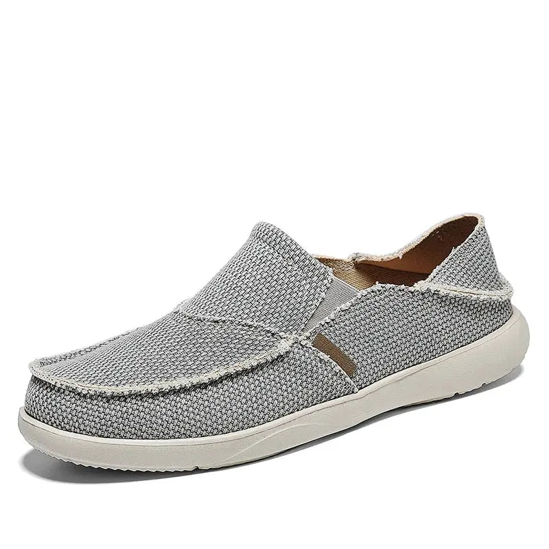 Men's slip-on canvas loafers by Simples Market, light grey woven fabric with beige sole